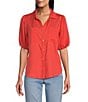Color:Pacific Coral - Image 1 - by Westbound Woven Elbow Puff Sleeve Button Front Top