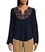 Color:Navy Sea - Image 1 - by Westbound Woven Embroidered V-Neck Long Sleeve Blouse
