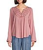 Color:Orchid - Image 1 - by Westbound Woven Embroidered V-Neck Long Sleeve Blouse