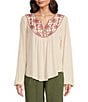 Color:Cotton - Image 1 - by Westbound Woven Embroidered V-Neck Long Sleeve Blouse