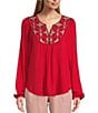 Color:Robin - Image 1 - by Westbound Woven Embroidered V-Neck Long Sleeve Blouse