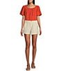 Color:Pacific Coral - Image 3 - by Westbound Woven Eyelet Embroidered Short Flutter Sleeve Square Neck Top