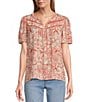 Color:Linework - Image 1 - by Westbound Woven Floral Print Short Sleeve Notch Neck Top