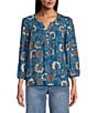 Color:Bloom - Image 1 - by Westbound Woven Floral Print Split Round Neck 3/4 Sleeve Pintuck Detail Top