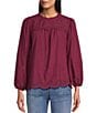 Color:Mulberry - Image 1 - by Westbound Woven Ruffle Crew Neck Long Sleeve Eyelet Blouse