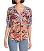 Nurture by Westbound Woven Smocked Elbow Sleeve V-Neck Top, Color:Mix Paisley - Image 1