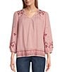 Color:Orchid - Image 1 - by Westbound Woven V-Neck 3/4 Sleeve Embroidered Blouse