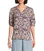 Nurture Elbow Sleeve Henley Neck Blouse, Color:Purple Ikat - Image 1