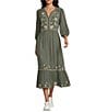Nurture Embroidered 3/4 Sleeve V-Neck Midi Dress, Color:Sage - Image 1