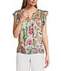 Nurture Embroidered Floral Ikat Print Flutter Sleeve Top, Color:Rose Violet Ikat Mix - Image 1