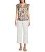 Nurture Embroidered Floral Ikat Print Flutter Sleeve Top, Color:Rose Violet Ikat Mix - Image 3