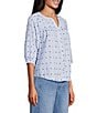 Nurture Embroidered Stripe Button Front Elbow Sleeve Y-Neck Top - Image 3