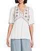 Nurture Embroidered V-Neck Elbow Puff Sleeve Top, Color:White Sand - Image 1