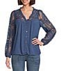 Nurture Mixed Media Lace Y-Neck Long Sleeve Top, Color:Dusk - Image 1