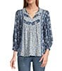 Nurture Navy Floral Print Mix Crinkle Dobby 3/4 Sleeve V-Neck Top, Color:Navy Floral Border - Image 1