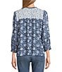 Nurture Navy Floral Print Mix Crinkle Dobby 3/4 Sleeve V-Neck Top, Color:Navy Floral Border - Image 2