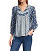 Nurture Navy Floral Print Mix Crinkle Dobby 3/4 Sleeve V-Neck Top - Image 1