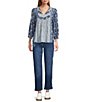 Nurture Navy Floral Print Mix Crinkle Dobby 3/4 Sleeve V-Neck Top - Image 3