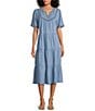 Nurture Petite Size Elbow Sleeves Yoke V-Neck Dress, Color:Light Blue - Image 1