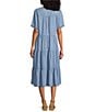 Nurture Petite Size Elbow Sleeves Yoke V-Neck Dress, Color:Light Blue - Image 2