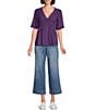 Nurture Petite Size Short Sleeve Button Front V-Neck Top, Color:Dark Purple - Image 3