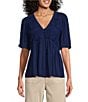 Nurture Petite Size Short Sleeve Button Front V-Neck Top, Color:Starry Night - Image 1