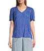 Nurture Petite Size Short Sleeve Woven V-Neck Top, Color:Cornflower - Image 1