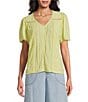Nurture Petite Size Short Sleeve Woven V-Neck Top, Color:Lily Green - Image 1