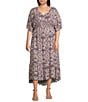 Nurture Plus Size V-Neck Short Sleeve Midi Dress, Color:Purple Ikat - Image 1