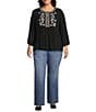 Nurture Plus Size 3/4 Sleeve Keyhole Neck Embroidered Square Yoke Top, Color:Black - Image 3