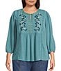 Nurture Plus Size 3/4 Sleeve Keyhole Neck Embroidered Square Yoke Top, Color:Teal - Image 1