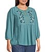 Nurture Plus Size 3/4 Sleeve Keyhole Neck Embroidered Square Yoke Top, Color:Teal - Image 3