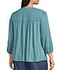 Nurture Plus Size 3/4 Sleeve Keyhole Neck Embroidered Square Yoke Top, Color:Teal - Image 4