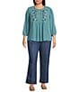 Nurture Plus Size 3/4 Sleeve Keyhole Neck Embroidered Square Yoke Top, Color:Teal - Image 5