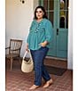 Nurture Plus Size 3/4 Sleeve Keyhole Neck Embroidered Square Yoke Top, Color:Teal - Image 7