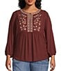 Nurture Plus Size 3/4 Sleeve Keyhole Neck Embroidered Square Yoke Top, Color:Coffee - Image 1