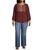 Nurture Plus Size 3/4 Sleeve Keyhole Neck Embroidered Square Yoke Top, Color:Coffee - Image 3