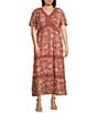 Nurture Plus Size Short Sleeve V-Neck Trim Maxi Dress, Color:Hazelnut Abstract Vine - Image 1