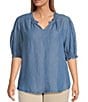 Nurture Plus Size Woven Short Sleeve V-Neck Top, Color:Blue - Image 1