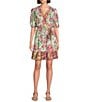 Nurture Short Sleeve Belted Faux Wrap V-Neck Dress, Color:Rose Violet Ikat Mix - Image 1