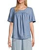 Nurture Short Sleeve Crew Neck Curved Yoke Top, Color:Light Blue - Image 1