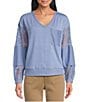 Nurture Solid V-Neck Long Sleeve Drop Shoulder French Terry Knit Lace Detail Ribbed Pullover - Image 6