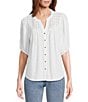 Nurture V-Neck Button Down Mixed Media Blouse, Color:White Sand - Image 1