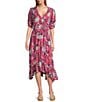 Nurture V-Neck Button Smocked Elbow Sleeves Midi Dress, Color:Rose Violet Floral Burst - Image 1