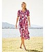 Nurture V-Neck Button Smocked Elbow Sleeves Midi Dress, Color:Rose Violet Floral Burst - Image 4