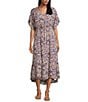 Nurture V-Neck Short Sleeve Midi Dress, Color:Purple Ikat - Image 1