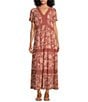 Nurture V-Neck Short Sleeve Trim Maxi Dress, Color:Hazelnut Abstract Vine - Image 1