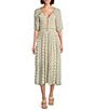 Nurture V-Neck Smocked Bodice Elbow Sleeve Midi Dress, Color:Creme Geo Mix - Image 1