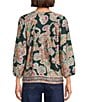 Nurture Woven 3/4 Sleeve Y-Neck Paisley Print Button Front Top - Image 2