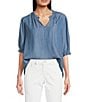 Nurture Woven Short Sleeve Ruffle V-Neck Top, Color:Blue - Image 1